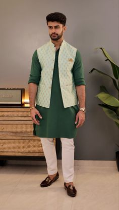 Kurta Nehru Jacket Men, Kurta With Nehru Jacket For Men, Nehru Jacket For Men Formal, Shaadi Ideas, Wedding Matching Outfits, Mehandi Outfits, Waistcoat Outfit, Nehru Jacket For Men, Stylish Kurta