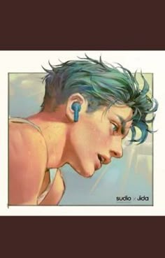 a drawing of a man with blue hair and piercings on his ear, looking down at the ground