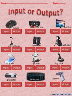 an image of computer equipment that are labeled in red and black letters, with the words output or output below it