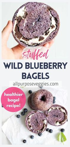 blueberry bagels with whipped cream on top and the words stuffed wild blueberry bags above them