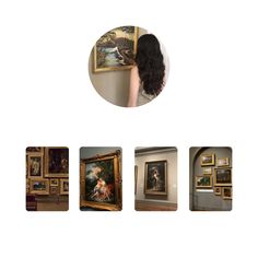 a woman looking at some paintings on the wall and in front of her is an oval mirror