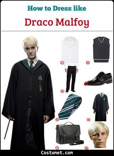 a harry potter costume is shown with accessories and text that says how to dress like dracula malfoy