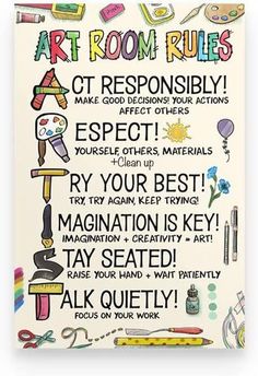 an art room rules poster with words on it