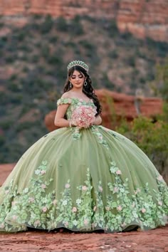 Light Sage Quince Dress Light Green Quinceanera Dresses, Sage Green Quince, Green Quince Dress, Foral Dress, Floral Ball Gown, Green Quinceanera, Green Quinceanera Dresses, Quinceanera Themes Dresses, Dressing Table Ideas