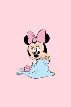 a cartoon character with a pink bow on her head sitting in the middle of a blue blanket