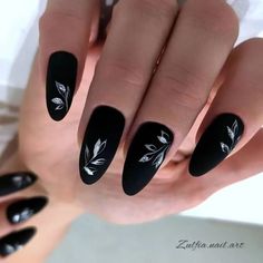 Leaves or flowers on a matte finish, as if engraved Dark Nail Designs Gothic, Spring Goth Nails, Gothic Nail Art, Dark Nail Designs, Black And White Nails, Black And White Nail Art, Gothic Nails, Nude Nail Designs