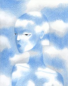 a drawing of a woman's face with clouds in the background