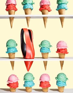 several ice cream cones with different colors and shapes in them, one cone is shaped like a shoe