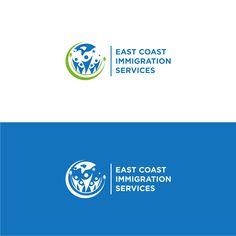 the east coast immigration services logo is shown in blue and green colors, with an image of