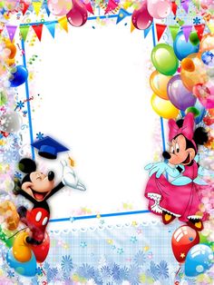 a mickey and minnie mouse frame with balloons