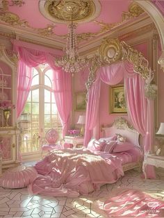 a bedroom with pink walls and curtains on the ceiling