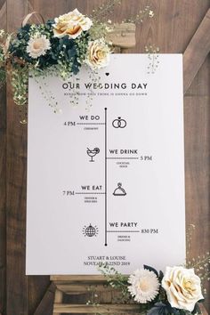 Mariage simple et élégant - idée déco de salle de réception We Do We Drink We Eat We Party Sign, Easy Wedding Decorations, Newspaper Theme, Wedding Program Sign, Wedding Timeline Template, Timeline Template, Rustic Wedding Decorations, Modern Wedding Decor, Printable Wedding Sign