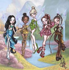 the four fairy princesses are walking together in front of a mountain lake and mountains