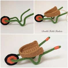 crocheted toy buggy with wheels made to look like a lawnmower