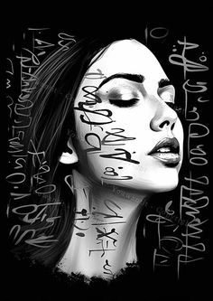 a woman's face is covered in graffiti on black and white paper with writing all over it