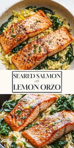 salmon with lemon orzo and spinach in a skillet