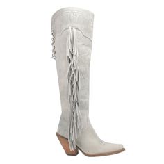 Step into the wild west with Dingo's Sky High boots. Crafted from genuine leather, these boots feature a fringe-adorned shaft measuring 20" for a striking look. With a 3.5" heel height and snip toe, they offer both style and comfort. The boots also include a comfort insole, ensuring all-day wearability. Embrace your inner cowgirl with these fabulous statement boots. Size: 11.  Color: Off-White.  Gender: female.  Age Group: adult. Dingo Boots, Bohemian Cowgirl, Statement Boots, Boots Knee High, High Leather Boots, Womens Chunky Heels, Fringe Boots, The Wild West, Modern Wardrobe