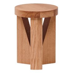 a wooden stool with two intersecting sections on the bottom and one at the top, against a white background