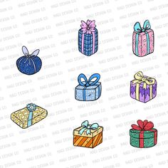 different colored gift boxes with bows and ribbons