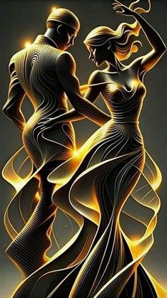 two women dressed in black and gold are dancing with their hands on each other's hips