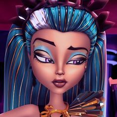 an animated woman with blue hair and makeup