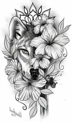 a black and white drawing of a wolf with flowers on it's head, surrounded by leaves