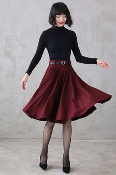 A Line Pleated Burgundy Midi Wool Circle Skirt 311001 – XiaoLizi Circle Skirt Outfits, Maroon Skirt, Wool Midi Skirt, Skirt A Line, Skirt Wool, Wool Clothing, Wool Skirt, Girls Wardrobe, Wool Skirts