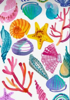 watercolor sea animals and seashells on white paper