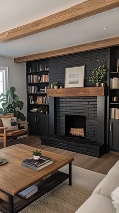 a living room filled with furniture and a fire place in front of a book shelf