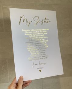 Gold wedding foil print for sister of the bride Sister Of The Bride Gifts From Bride, Sister In Law Bridesmaid Proposal Ideas, Wedding Quotes For Sister, Sister Moh Proposal, Gift For Sister On Wedding Day, Mil Gifts Wedding, Maid Of Honor Sister Gift, Sister Of The Bride Gift Ideas, To My Sister On My Wedding Day