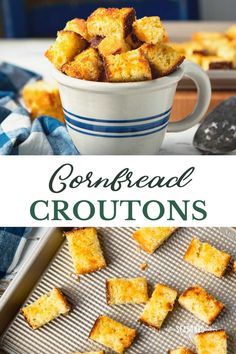 cornbread croutons in a white bowl on top of a cookie sheet with the words cornbread croutons above it