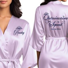 The perfect personalized satin quince robes for the entire quinceanera squad. Lavender Quinceanera, Custom Robes, Personalized Robe, Quinceanera Party, Womens Robes, Toddler Sizes, Quince, Quinceanera, How To Feel Beautiful