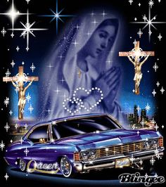 a car with the image of person on it, surrounded by crosses and snowflakes