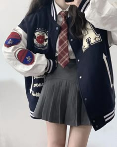 Korean Girl Dress, 6th Form Outfits, College Dress, Varsity Jacket Outfit, School Uniform Fashion, School Uniform Outfits, Uniform Fashion, Lovely Clothes, Really Cute Outfits