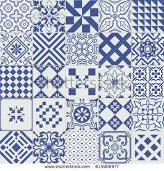 a collection of blue and white tiles with geometric designs on them, all in different patterns