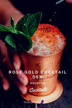 a close up of a person holding a drink with ice and mint on the rim