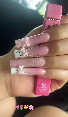 Cute Nails Long, Pink Extra Nails, Pink Long Nails, Hello Kitty Nails Long, Long Nail Designs Hello Kitty, Xl Long Acrylic Nails Pink, Nail Ideas Y2k Long Pink, Hello Kitty Charm Nails Long, Y2k Nails Acrylic Long Pink