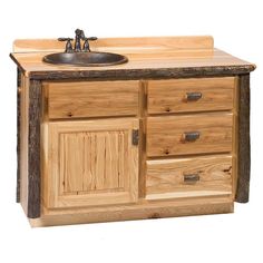 a bathroom vanity with a sink and wooden cabinetry on the top, against a white background