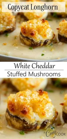 white cheddar stuffed mushrooms with cheese on top