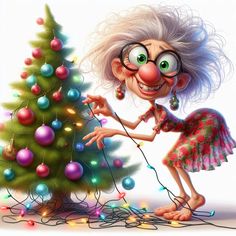 an old woman is decorating a christmas tree with her hands and feet, while wearing eyeglasses