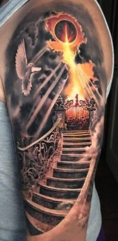 a man with a tattoo on his arm that has stairs leading up to an open door