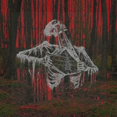 a drawing of a skeleton sitting in the middle of a forest with red trees behind it