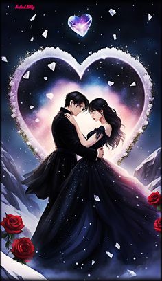 two people are hugging in front of a heart with roses on the ground and snow falling all around them