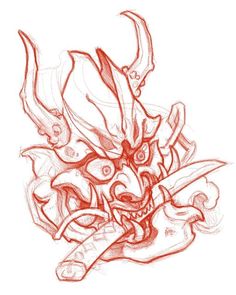 a drawing of a demon with horns and fangs