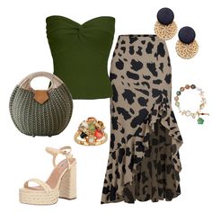 a woman's outfit and accessories including shoes, handbag, bracelets and purse