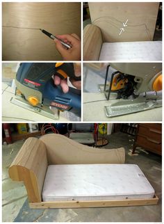 the process to make a diy dog bed is shown in four different stages, including cutting