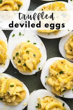 Truffled deviled eggs on a platter. Party Deviled Eggs, Gourmet Deviled Eggs, Appetizers For A Party, Truffle Oil Recipes, Truffle Mashed Potatoes, Winter Appetizers, Black Truffle Oil, Fall Favorites Recipes