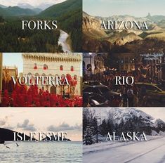 there are four different pictures with words in them that say alaska, volterra, rio, fiselesme, alaska and forks