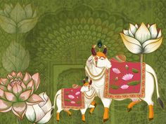 an artistic painting of a cow and its baby in front of a lotus blossom flower