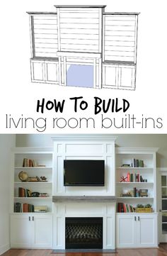 a living room with built in bookshelves and a tv above the fireplace that says how to build living room buttins